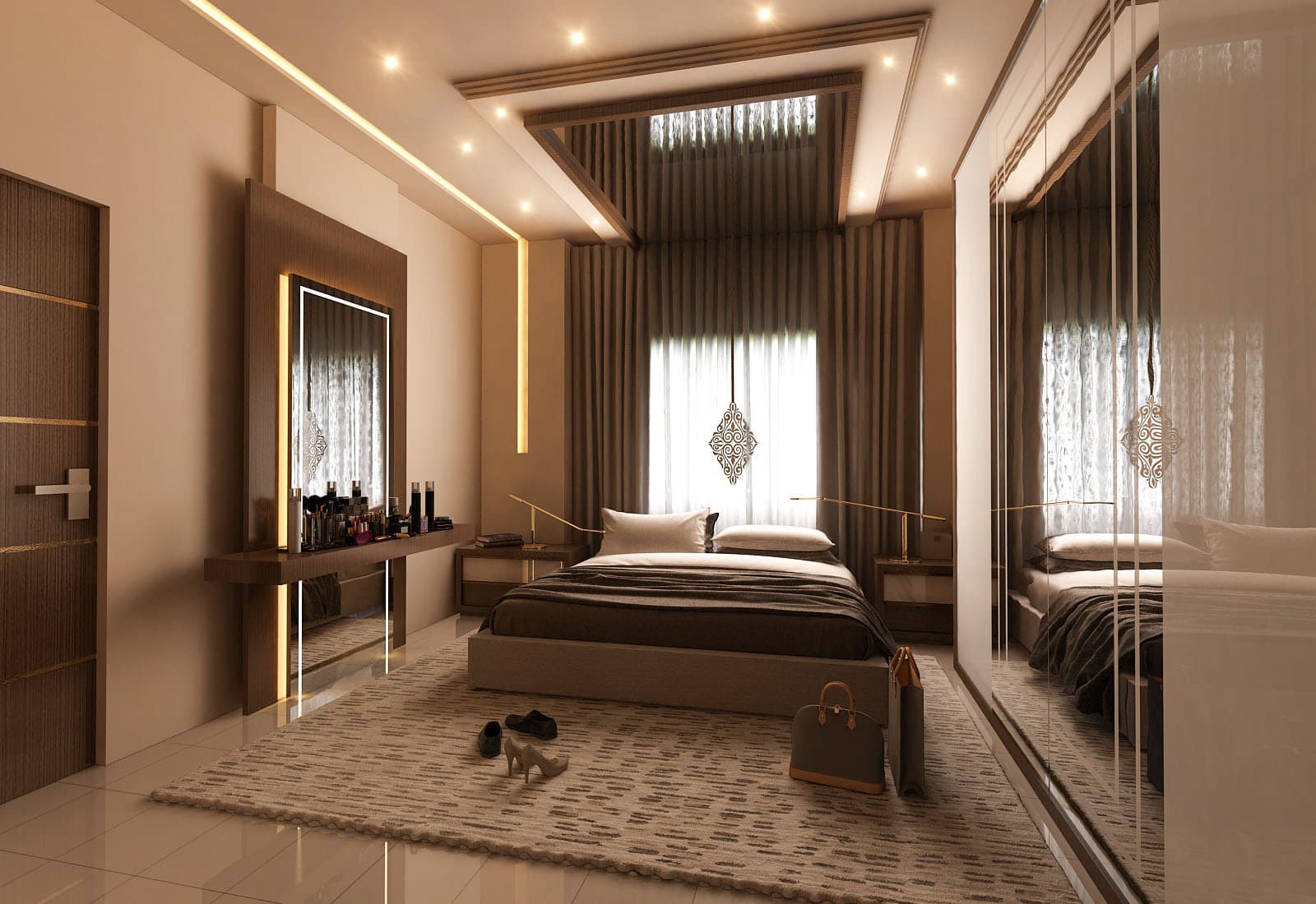 A neutral living room with layered seating, decorative wall panels, and warm lighting.