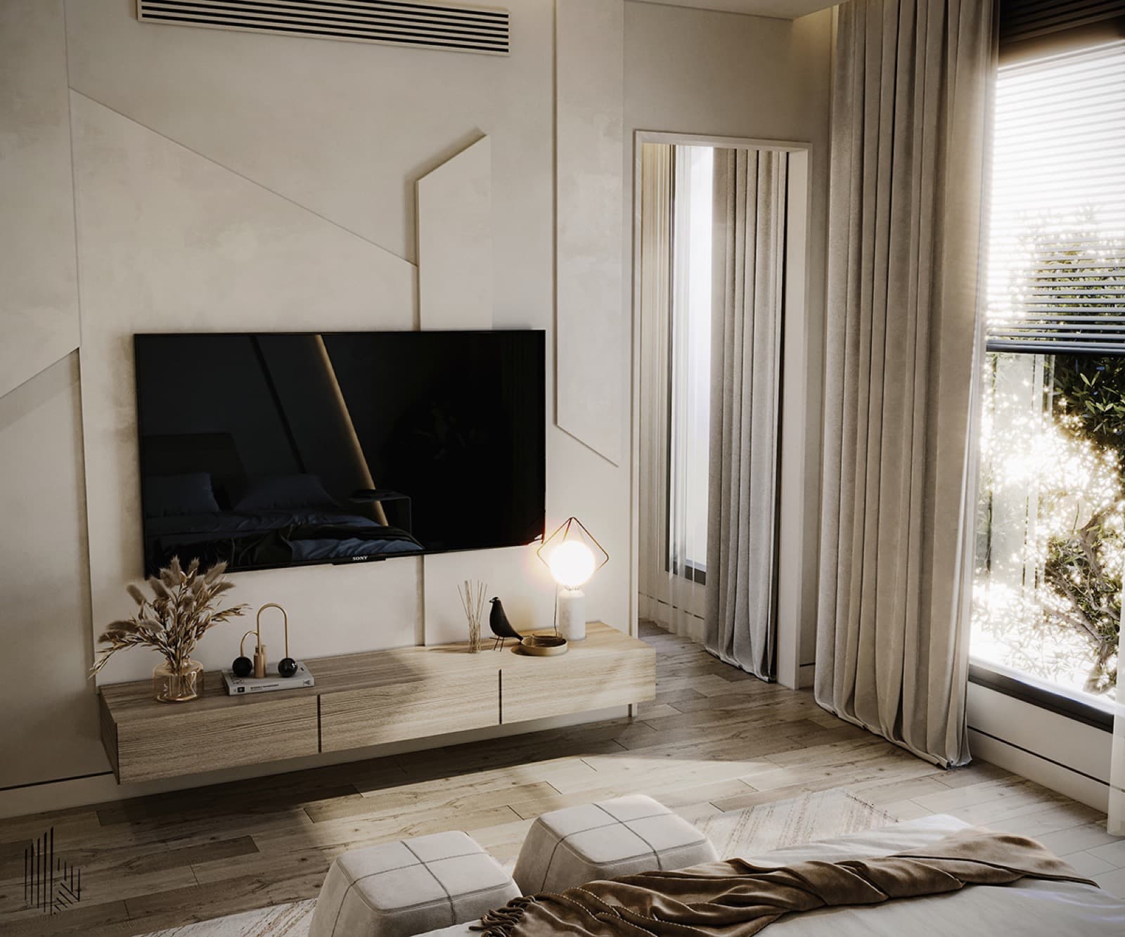 A residential bedroom with coordinated furniture, textiles, and warm finishes.
