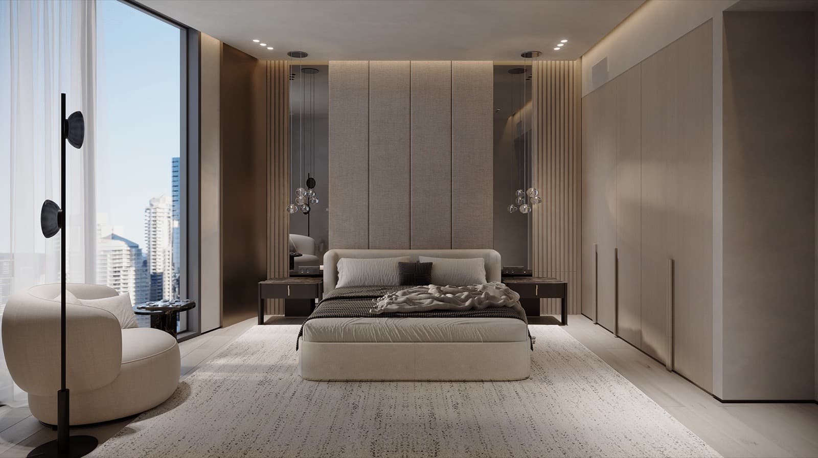 A contemporary apartment living room with a compact seating layout.