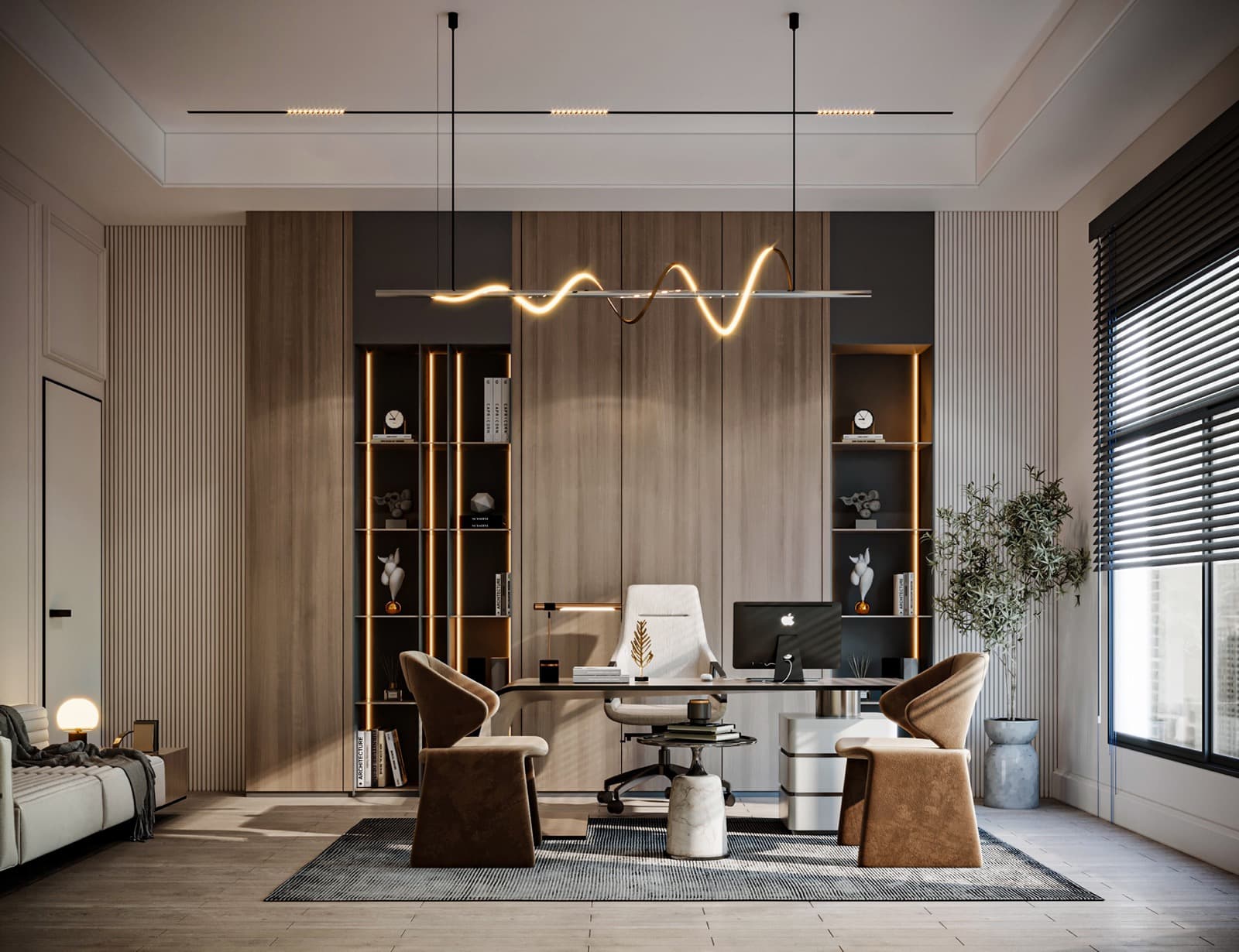 A collaborative office with shared desks and organised circulation.