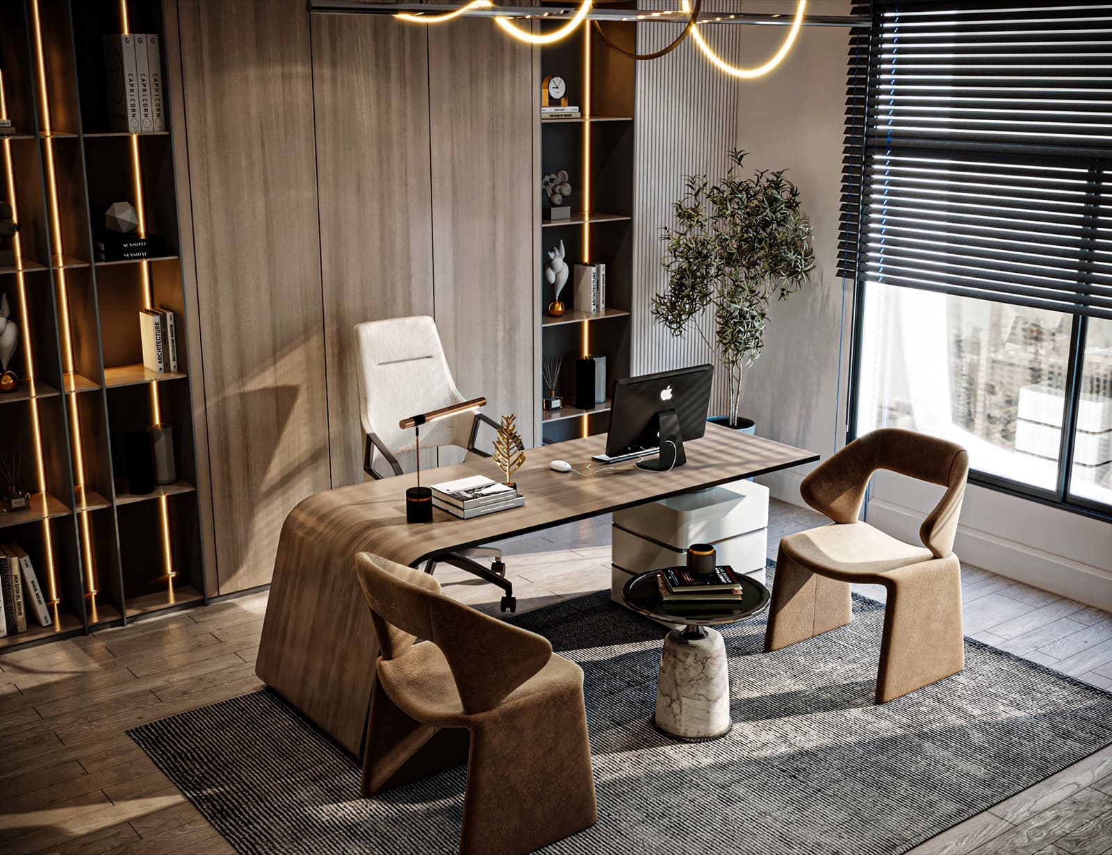 An open-plan office interior with modern furniture and integrated lighting.