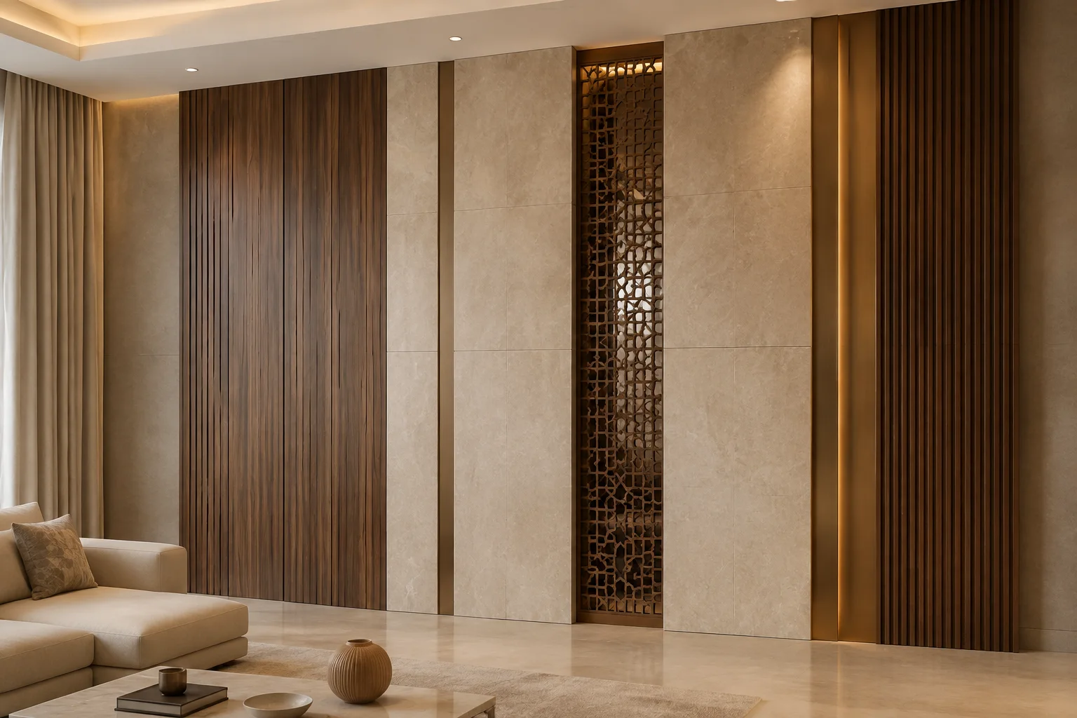 Interior with fluted timber wall panels, pale stone and warm neutral seating