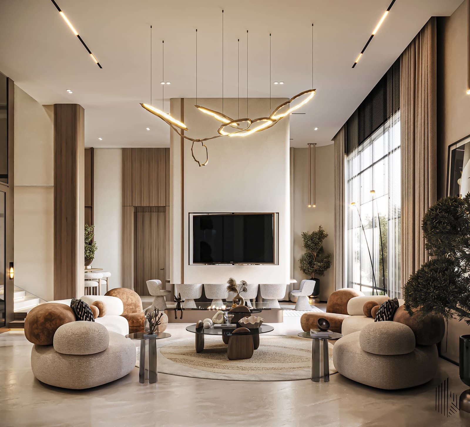 A spacious villa living room with elegant furnishings and a balanced interior palette.